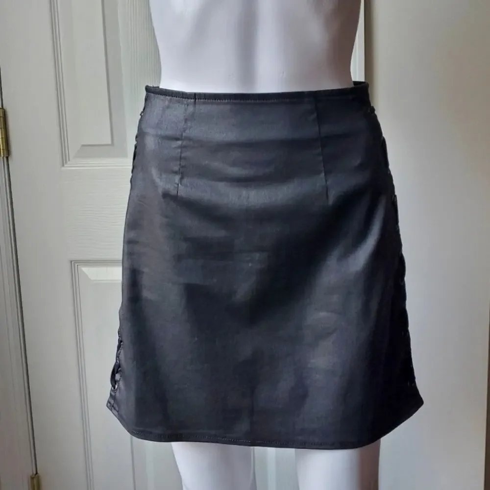 French Connection Skirt Coated Denim Lace Up Party Date Night Sexy Holiday Goth